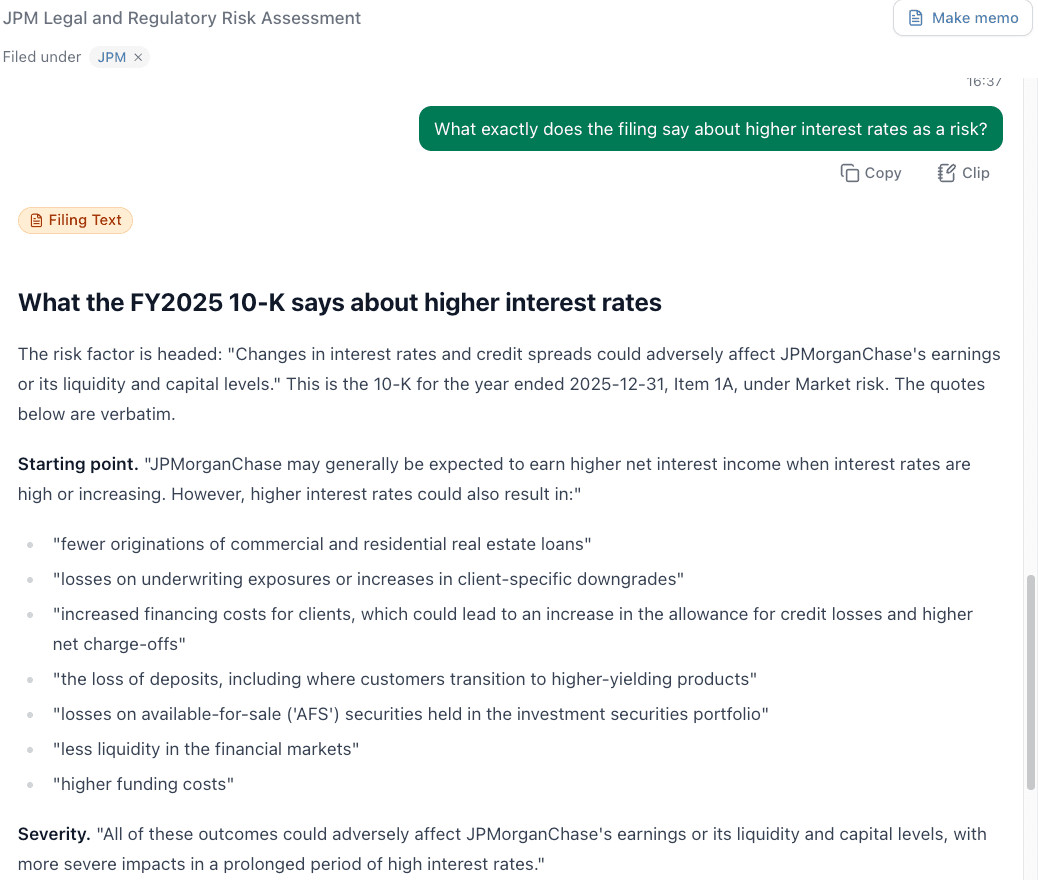 An FFP One chat answer labeled Filing Text, headed What the FY2025 10-K says about higher interest rates. It quotes JPMorganChase's Item 1A risk factor verbatim, including a list of the ways higher rates could hurt the business.